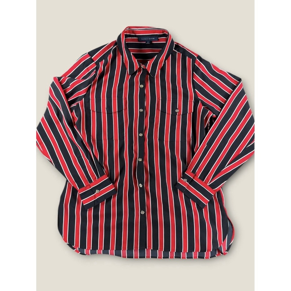 Tommy Hilfiger Womens Large L Red Striped Button Up Blouse Gold Buttons